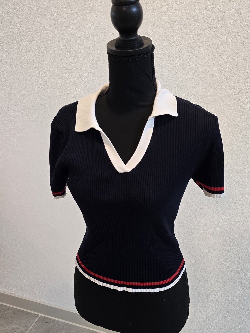 Navy Knit Polo Top with Contrast Collar (M)